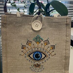 Embroidered Eye Jute Tote with Button